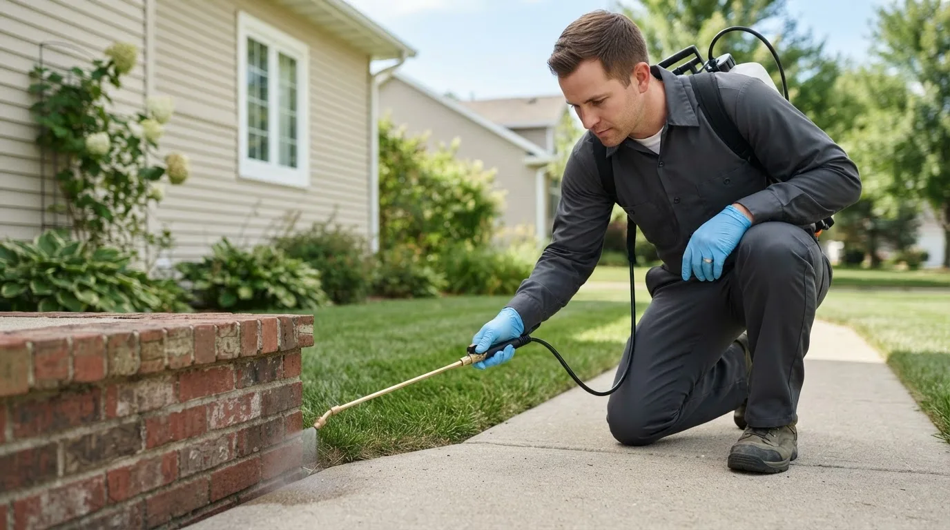 Pest control technician treating a home near Windfall, IN